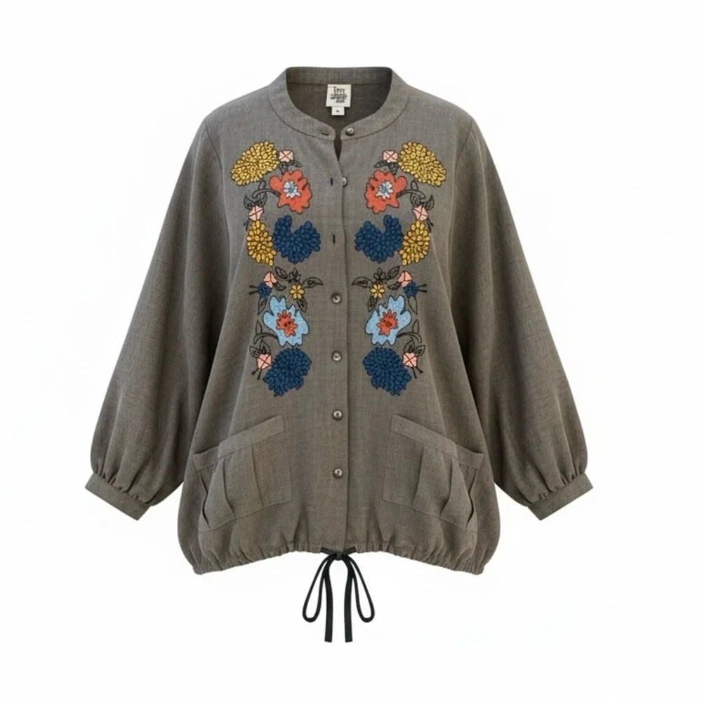 Ivy Jane Embroidered Flowers S/M Gray Boho Top Blouse Spring Hippie - Picture 1 of 12